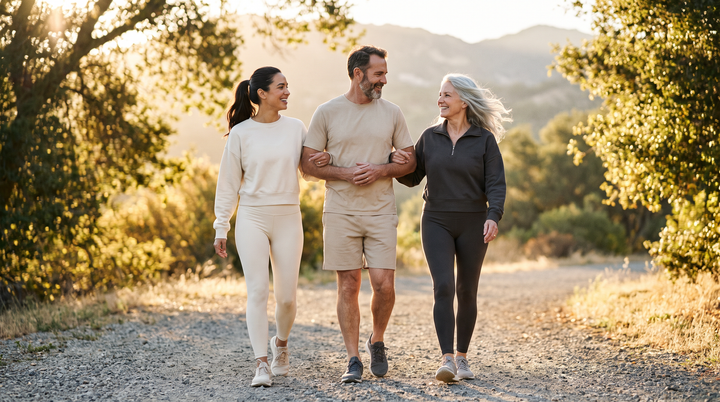 Three adults in their 30s, 50s and 70s walking together on a morning trail, illustrating healthy aging by decade