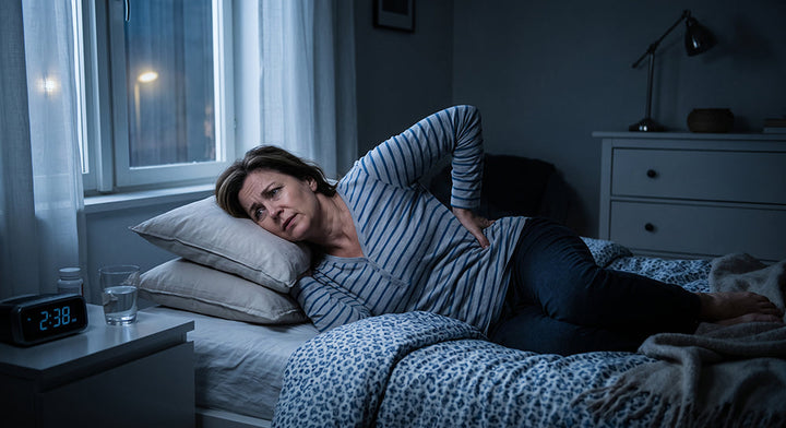 Woman lying awake in bed at night holding her lower back, showing why pain is worse at night