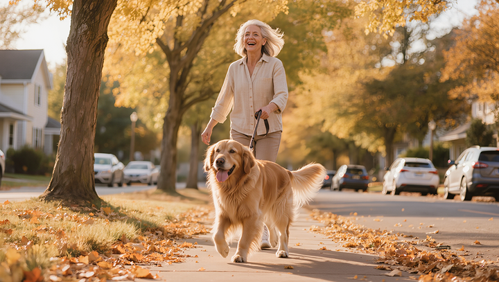 Aged woman walking dog